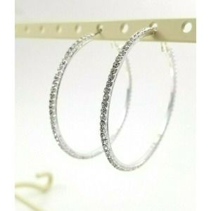 Large Hoop Earrings Silver with Small Rhinestones
